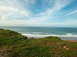 Serene coastal landscape with lush greenery overlooking a calm ocean under a clear blue sky. photo