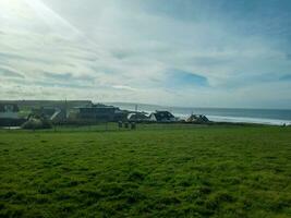 Coastal village with green fields under a cloudy sky. photo