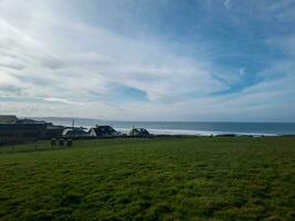 Scenic coastal landscape with lush green field, ocean horizon, and blue sky with clouds. photo