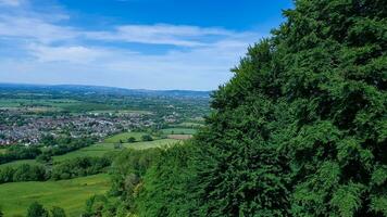 Lush green landscape with a dense forest in the foreground and a panoramic view of a town with clear blue skies. photo