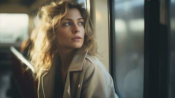 AI generated Woman on a train looking through the window, travel concept photo