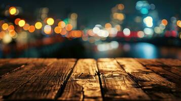 AI generated Blank wood tabletop with blurred night city skyline and river, showcase, nightlife, photo