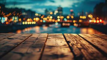 AI generated Blank wood tabletop with blurred night city skyline and river, showcase, nightlife, photo