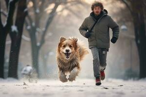 ai generado el Sesión de fotos de un contento perro carreras con sus propietario en el parque, ai generativo