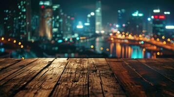 AI generated Blank wood tabletop with blurred night city skyline and river, showcase, nightlife, photo