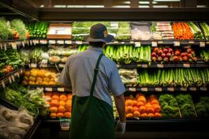 AI generated Fresh organic supermarket, A worker repacking shelves at the veggie department aisle, AI Generative photo