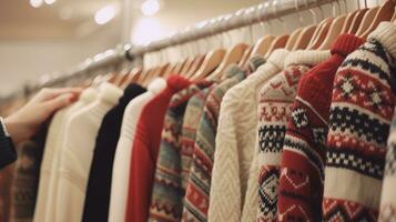 AI generated In a clothing store, close up hand of woman is choosing a winter sweater, AI Generative photo