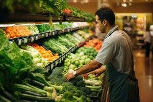 AI generated Fresh organic supermarket, A worker repacking shelves at the veggie department aisle, AI Generative photo
