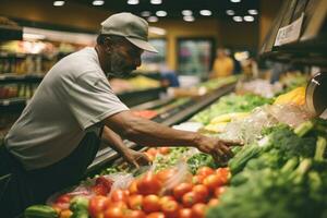 AI generated Fresh organic supermarket, A worker repacking shelves at the veggie department aisle, AI Generative photo