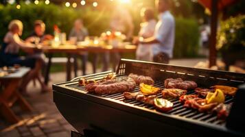 ai generado parilla fiesta patio interior, un parilla plato a un fiesta Entre amigos o familia, ai generativo foto