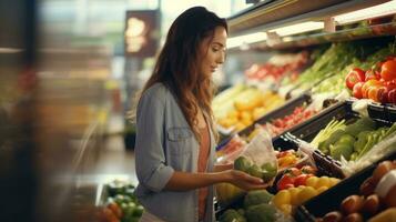 AI generated Woman in supermarket, Side view of woman chooses vegetables in supermarket, AI generative photo