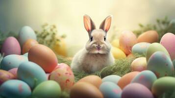 ai generado adorable Pascua de Resurrección conejito con Pascua de Resurrección huevos, vistoso Pascua de Resurrección huevos, bandera y fondo de pantalla, ai generativo foto