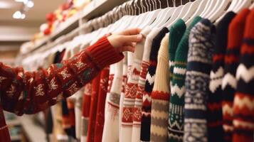 ai generado en un ropa almacenar, cerca arriba mano de mujer es elegir un invierno suéter, ai generativo foto