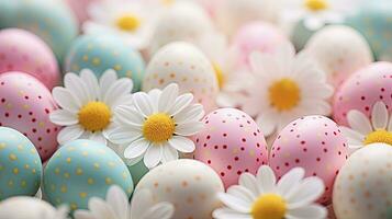 AI generated Easter holiday background with Easter eggs and daisy flowers, pastel color, AI Generative photo