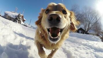 ai generado ojo de pez retrato de perro en nieve cubierto campo, ai generativo foto