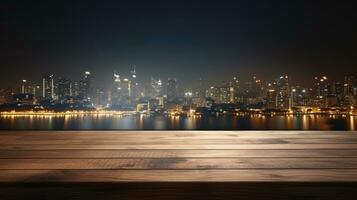 ai generado blanco madera mesa con borroso noche ciudad horizonte y río, escaparate, la vida nocturna, ai generativo foto