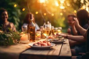 AI generated Happy friends having fun outdoor. Group of friends having backyard dinner party together, AI Generative photo