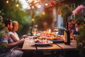 AI generated Happy friends having fun outdoor. Group of friends having backyard dinner party together, AI Generative photo