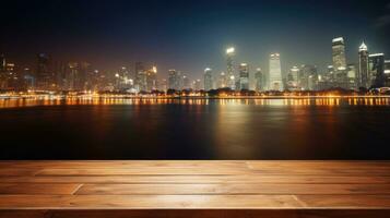 ai generado blanco madera mesa con borroso noche ciudad horizonte y río, escaparate, la vida nocturna, ai generativo foto