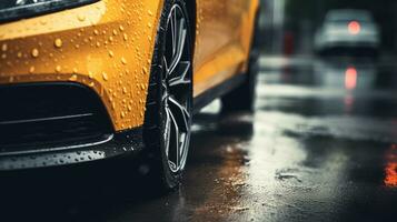 AI generated Car wet, A car in the rain the focus is on the tires, Close-up of car tires on wet, AI Generative photo
