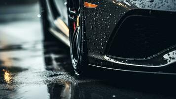 AI generated Car wet, A car in the rain the focus is on the tires, Close-up of car tires on wet, AI Generative photo