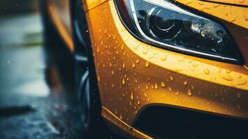 ai generado coche húmedo, un coche en el lluvia el atención es en el llantas, de cerca de coche llantas en húmedo, ai generativo foto