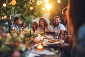 ai generado contento amigos teniendo divertido exterior. grupo de amigos teniendo patio interior cena fiesta juntos, ai generativo foto