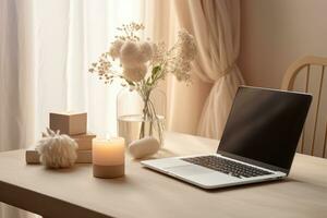 AI generated Desk interior style minimal pastel desk with vase and laptop, AI Generative photo