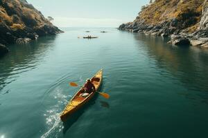 AI generated Drone view of people going kayaking photo