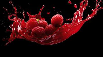 AI generated Raspberry splashing in a glass of juice on a black background. Ripe strawberries. Swirl wave of strawberry juice from falling ripe strawberries. photo