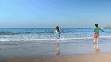 Happy diverse children, a preteen handsome boy and little school girl running barefoot on the tropical beach, playing with waves splashing on their feet while standing and jumping on the sandy beach video