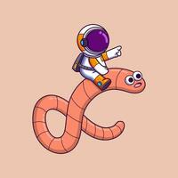 contento astronauta montando un grande gusano monstruo dibujos animados personaje vector