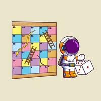 linda astronauta jugando serpientes y escaleras juego por lanzamiento el dado vector