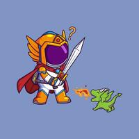 Cute Astronaut Knight With sword and little dragon. Science Technology Icon Concept vector