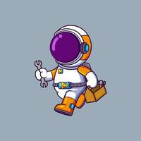 Cute Astronaut holding spanner and tool box. Science Technology Icon Concept vector