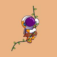 Cute Astronaut Swinging With Root Rope In Jungle. Science Technology Icon Concept vector