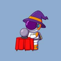 Astronaut  using witch hat and playing magic ball in halloween season vector