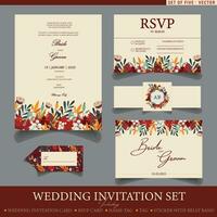 Trendy wedding invitation set templates. Set of five fall themed vector templates with floral elements including wedding card, RSVP card, tag and name card.