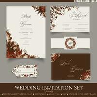 Trendy wedding invitation set templates. Set of five fall themed vector templates with floral elements including wedding card, RSVP card, tag and name card.