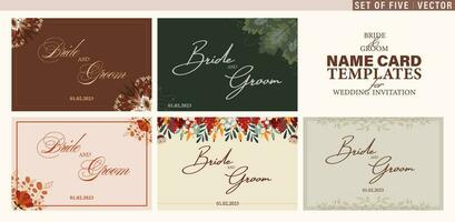 novia y novio nombre tarjeta plantillas. conjunto de cinco floral florido tarjetas en otoño colores con sitio para nombres y evento fecha. vector