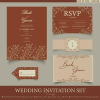 Trendy wedding invitation set templates. Set of five fall themed vector templates with floral elements including wedding card, RSVP card, tag and name card.