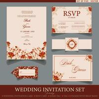 Trendy wedding invitation set templates. Set of five fall themed vector templates with floral elements including wedding card, RSVP card, tag and name card.