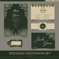 Trendy wedding invitation set templates. Set of five fall themed vector templates with floral elements including wedding card, RSVP card, tag and name card.