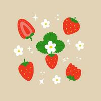 Strawberry vector set. Red berry illustration. Isolated design elements. Different strawberries, leaves and flowers in trendy flat hand drawn style. Scalable clipart for web, logo, print, stickers.