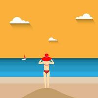 Vector flat design of seascape with a person wear red head bikini suit looking far away, freedom and relaxing time, journey or trip traveling concept, editable object copy space for text and design