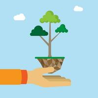 vector brazo salvar árbol bajo polígono suelo azul fondo, ahorro árbol para bueno clima y agua, plantando planta de semillero para ecología ambiental concepto, editable objeto forma Copiar espacio para texto