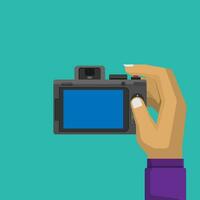 Simple vector graphic flat style of hand holding camera take a photo, back side view, press shutter button, trip and travel concept, camera technology copy space for text and design