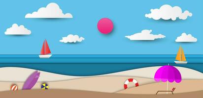 Vector paper art style of beach, playing thing seascape view, time for travel or vacation summer trip, journey travel and relax concept, editable object and layer, copy space for text and design