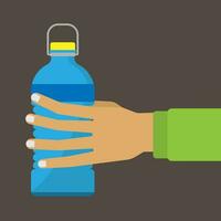 Vector flat design of hand holding bottle of water on the dark background, fitness exercise and drinking pure water for healthcare concept, editable object shape copy space for individual text