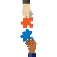 Vector flat style of hand try to connect two puzzle together on white background, connection and cooperation, problem resolve solution concept, copy space for text, editable shape and object